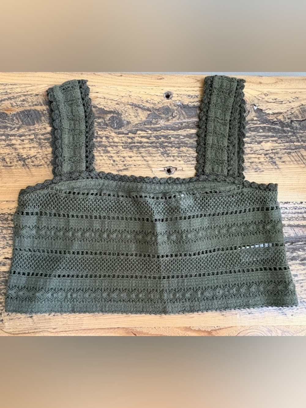 Aerie Crop Tank Top Crochet Olive Green Small Boho Natural Knit NWT